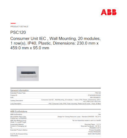 ตู้คอนซูมเมอร์ใส่เบรกเกอร์ 20 ช่อง ABB PSC120 Consumer Unit IEC IP40 Plastic Box & Cover_6